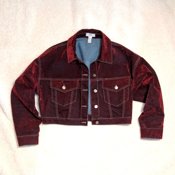 Burgundy Cropped Sueded Denim Jacket - Picture 1 of 2